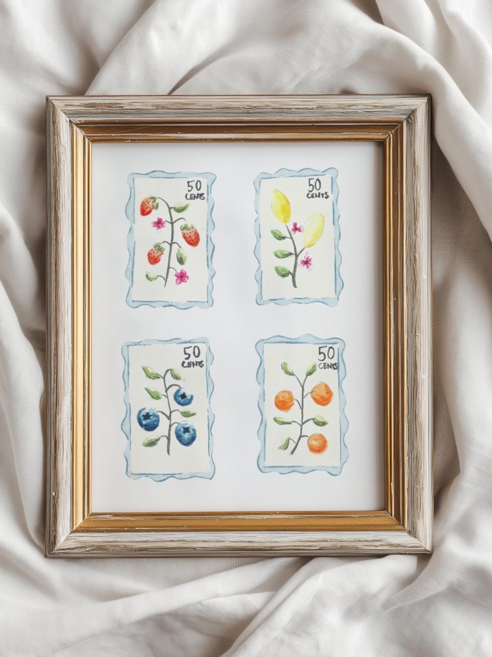 Fruit Stamp Watercolor Art Print. Kitchen Wall Art. 8x10 inches.
